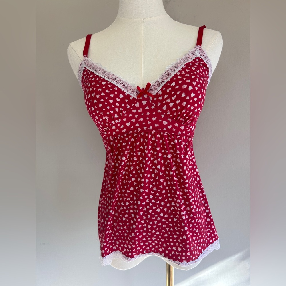 LAURA ASHLEY Babydoll Y2K Lace Trim Heart Print Cami Top Coquette Valentine Sz S - Picture 3 of 14